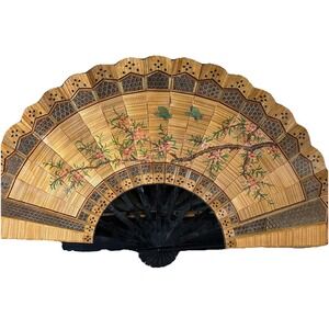 Vintage 5'x3' Hand Painted Asian Wall Fan Bamboo Rattan Floral Decor Art Large